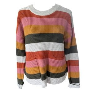 Madewell Striped Crewneck Sweater Womens Small Multi Color Ribbed Knit Pockets